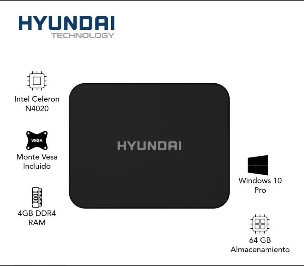 Mini PC Hyundai, Intel Celeron N4020, 4GB RAM, 64GB eMMC,Windows 10 Pro - Negro